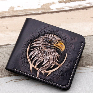 FOJIURETY Hand-made Short Carving Eagle,  Tanned Leather Wallet