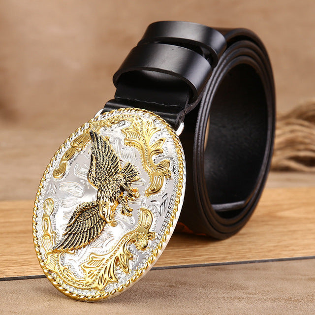 Men's Famous Fashion Eagle Design  Cow skin Leather Handcrafted belt with color Buckle