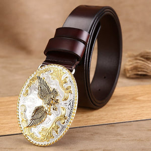 Men's Famous Fashion Eagle Design  Cow skin Leather Handcrafted belt with color Buckle